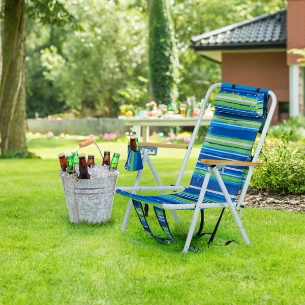 Folding Beach Chair, 4 Position Portable Backpack Foldable Camping Chair with Headrest Cup Holder and Wooden Armrests, Blue & Green Stripes