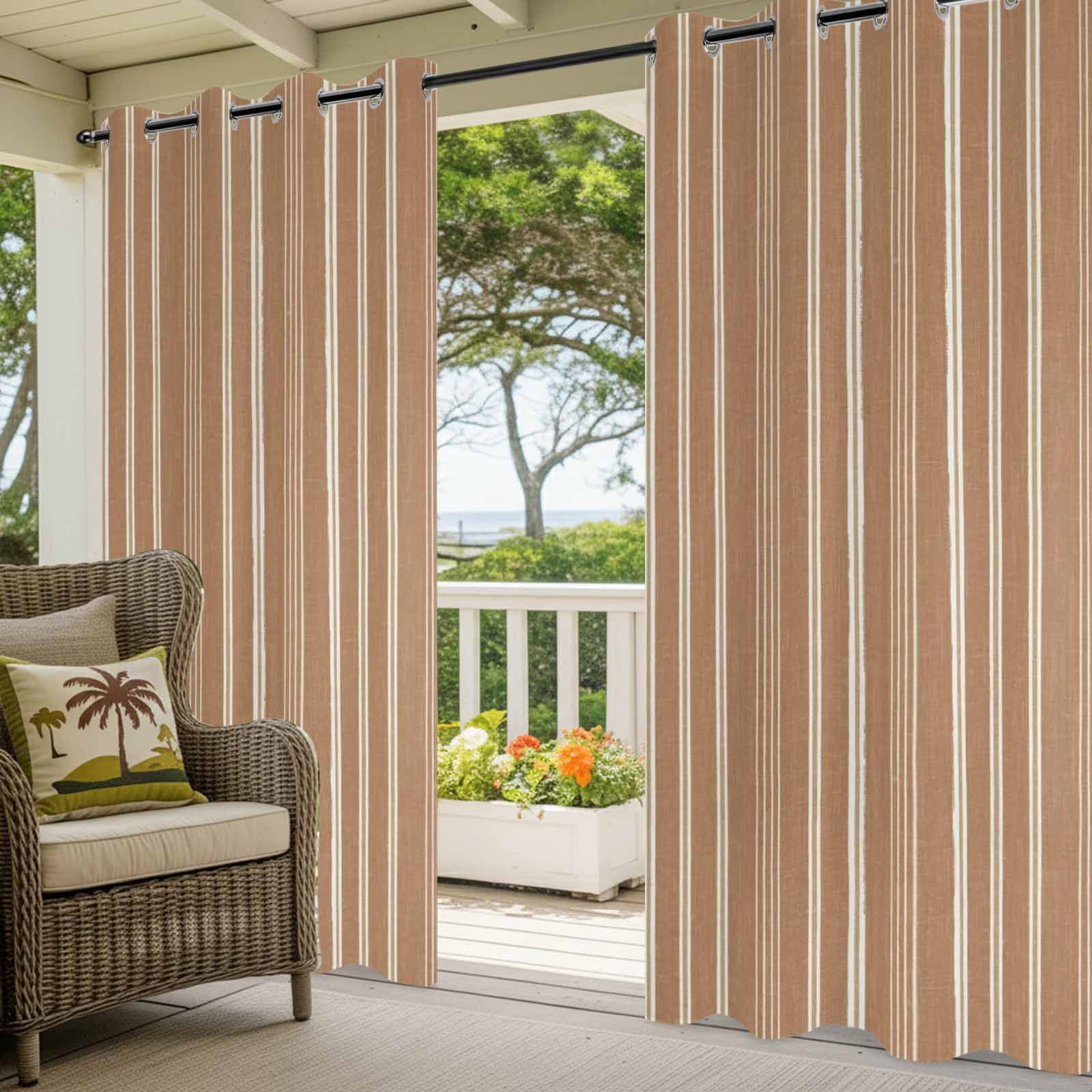 Brown Striped Outdoor Curtains for Patio, Minimalism Stripes Modern Vintage Farmhouse Abstract Sunshade Privacy Drapes Grommet Waterproof Outside Curtains for Porch/Cabana/Balcony 54"x 108", 1 Panel