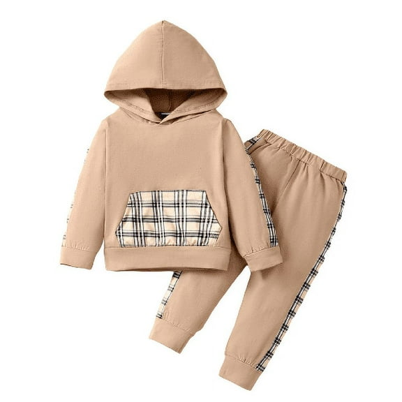 Mikrdoo Baby Boys Winter Clothes 18 Months Baby Boys Plaid Pocket 24 Months Baby Boys Hoodies Elastic Pants 2Pcs Outfits Apricot