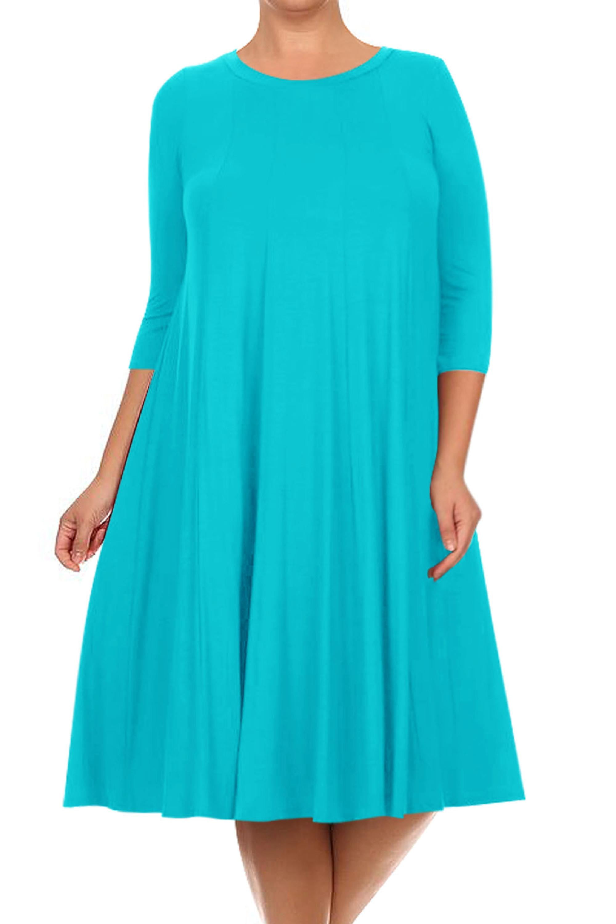 Women's Plus Size Casual 3/4 Sleeves Basic A-Line Pleated Solid Midi Dress Made in USA