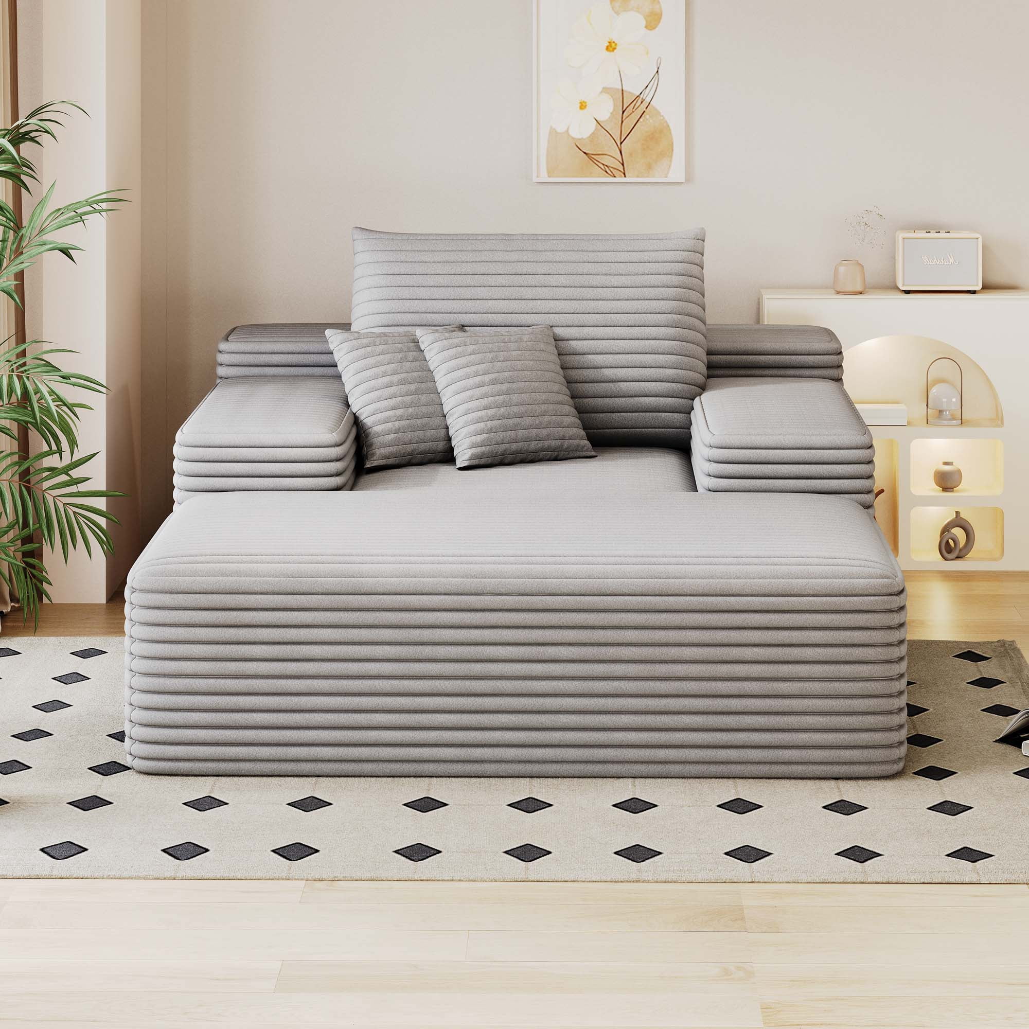 Miniyam 68 x 51" Oversized Chaise Lounge Chair Indoor, Upholstered Sleeper Reading Chairs with 2 Pillows for Living Room, Grey