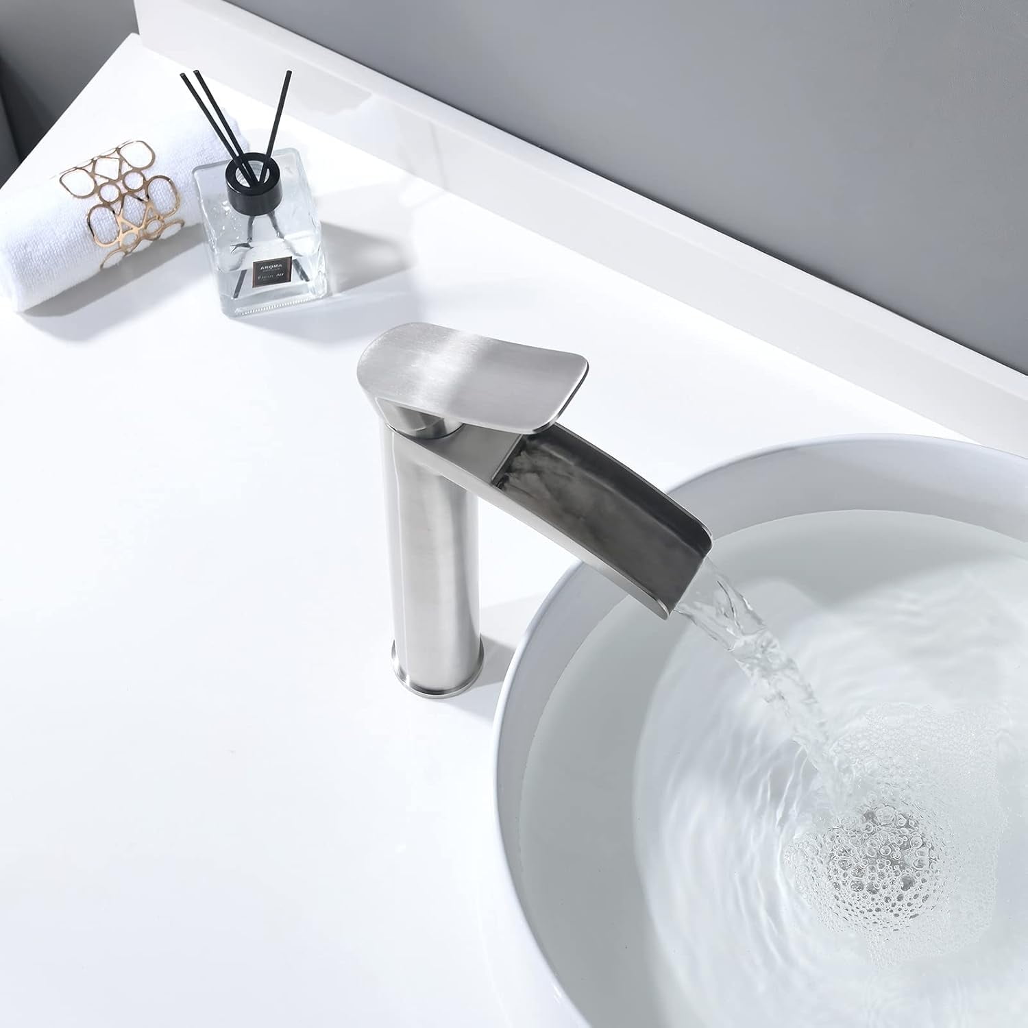 Brushed Nickel Tall Bathroom Vessel Sink Faucet, Single Hole Single Handle Waterfall Modern Bathroom Faucet, with Pop Up Drain and Water Supply Line, NS-SF01-BN-V