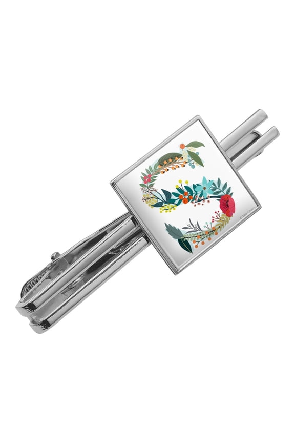 Letter S Floral Monogram Initial Square Tie Bar Clip Clasp Tack- Silver or Gold