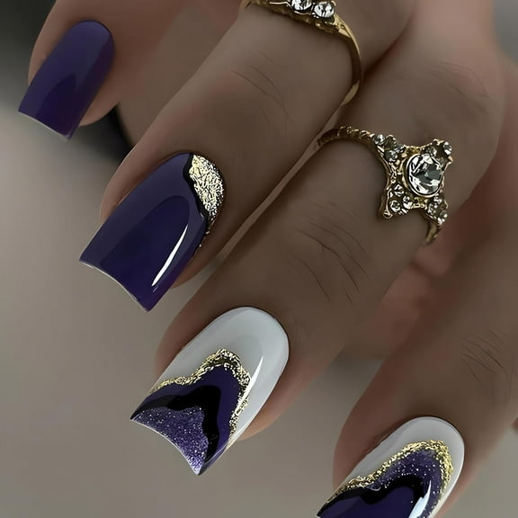 Medium Press on Nails Square Shape Purple Fake Nails with Designs Quicksand Glitter Glue on Nails French Acrylic False Nails Press ons Glossy Full Cover Stick on Nails for Women Finger Manicure 24Pcs
