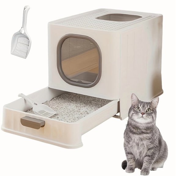 Snugspot Large Foldable Enclosed Cat Litter Box with Lid, Drawer-Type Easy Clean Potty with Scoop, Front Entry & Top Exit