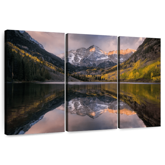 Elephant Stock Maroon Bells Colorado Wall Art - Horizontal Multi Panel Canvas - Living Room Wall Decor - Nature Multi Panel - Gray And Green Decor - 57" x 36"