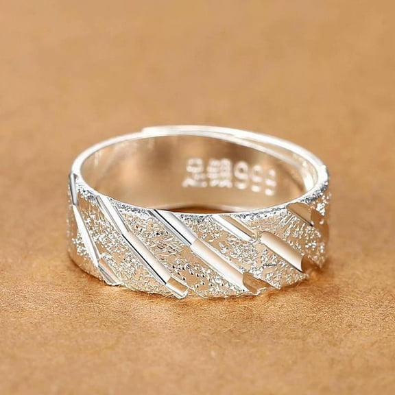 HOOUN Pure 999 Fine Silver Band Men Women Lucky 7mm Wide Satin Carved Twill Ring 5g