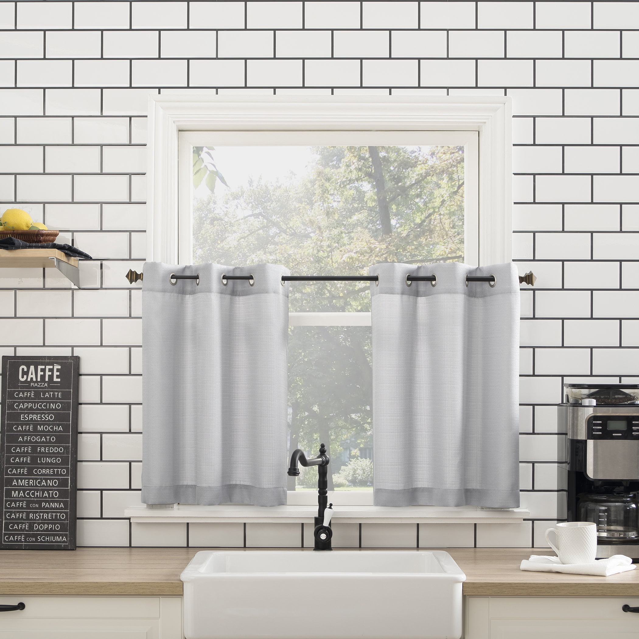 Mainstays Solid Semi Sheer Curtain Tier Pair and Valance Set, 3 Piece Ready Made Kitchen Curtains, Silver, 54" W x 36" L