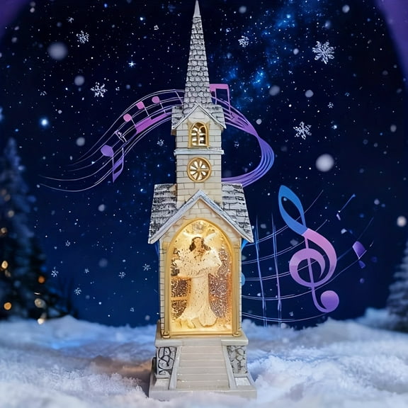 Church Snow Globe Lighted, Christmas Snow Lantern, Angelic Holy Family Nativity Christmas Eve Glitter Snow Globe with Melody, Christian Ornaments Indoor, Dual Way Powered