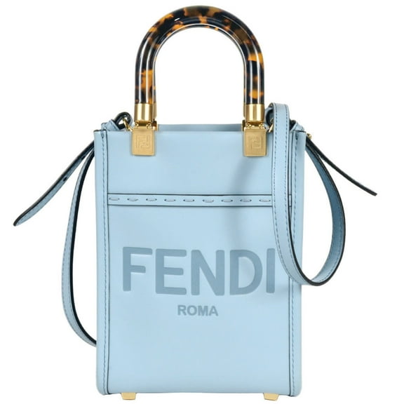 Pre-Owned FENDI Sunshine Shopper Mini Handbag Leather 8BS051 Blue Shoulder Bag Women's