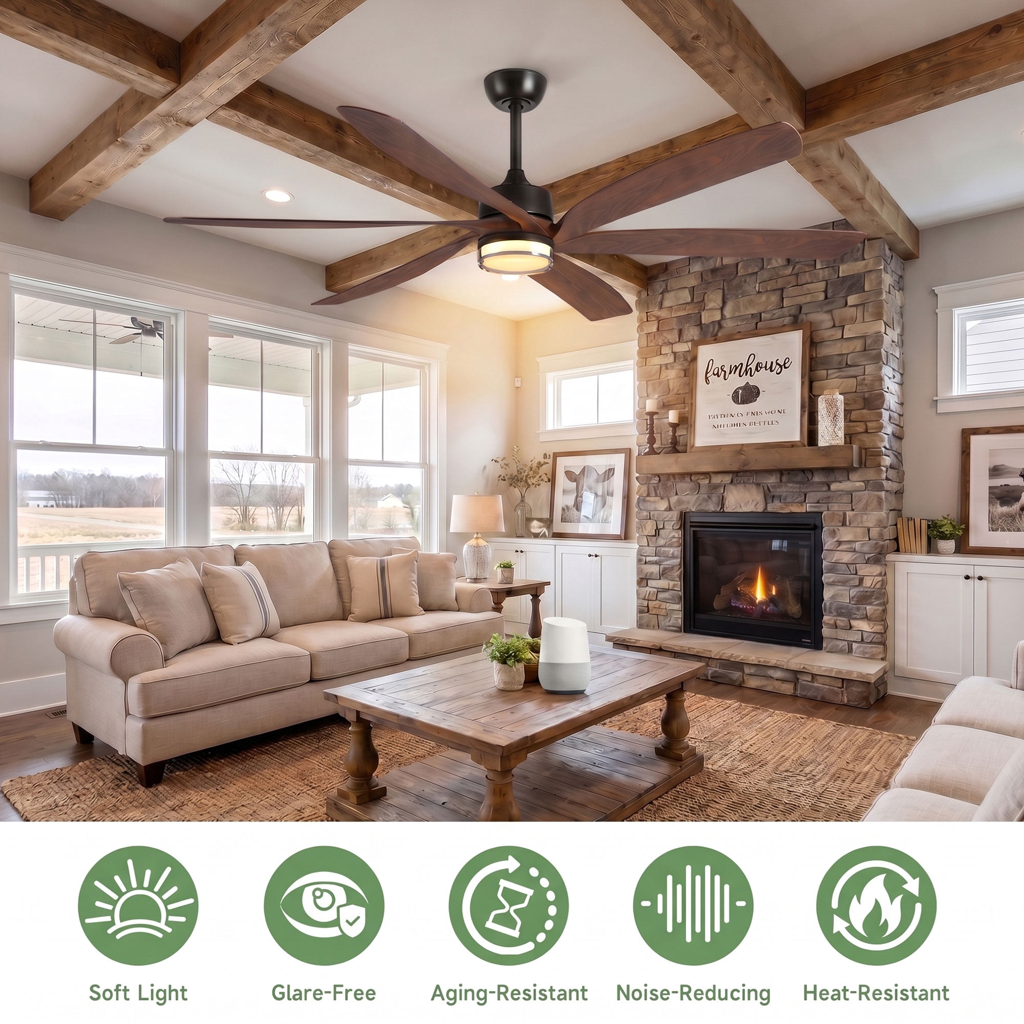 64 inch Farmhouse Ceiling Fans with Light and Remote, 6 ABS Blades Damp Rated Outdoor Patios Fan Works with Alexa Tuya App, Dula-Layer Lampshade