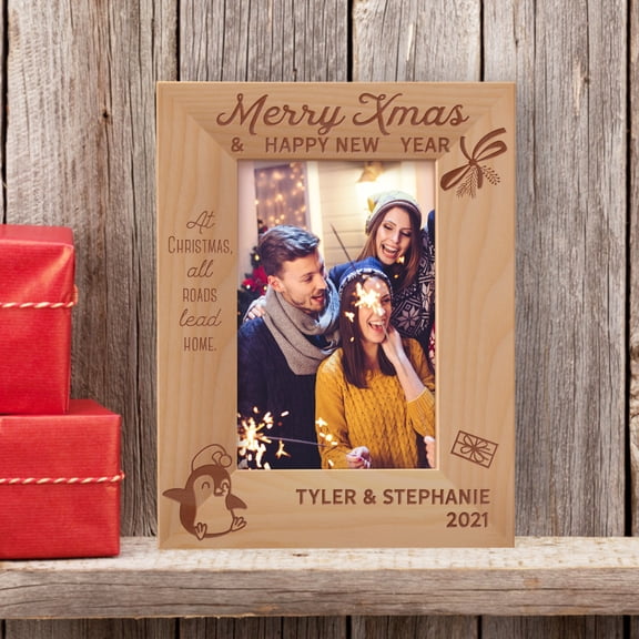 Merry Xmas & Happy New Year At Christmas, All Roads Lead Home Personalized Wooden Frame 4" x 6" Brown (Vertical)