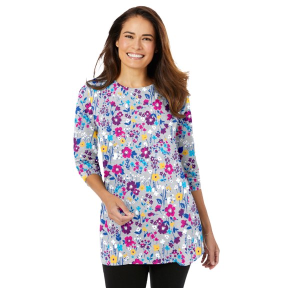 Woman Within Plus Size Perfect Printed Long-Sleeve Crewneck Tunic