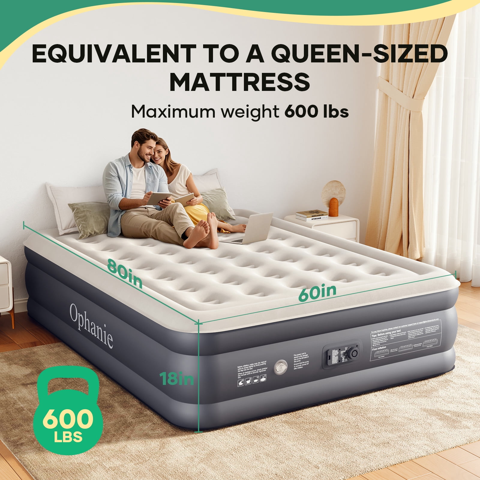 Ophanie Queen Air Mattress, 18-Inch Elevated Inflatable Bed with Built-in Pump, Puncture-Resistant, Quick Inflation/Deflation, Portable for camping & Guests, Dark Gray