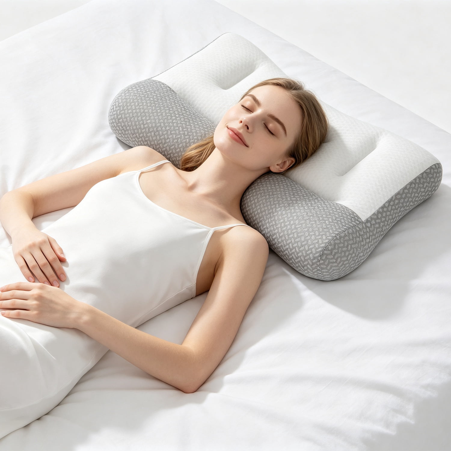 2 PCS Dual Zone Support Bed Pillow, Ergonomic Pillow with Ear Cutout for Side Sleepers, Breathable Mesh Cover, Down Alternative Fiber Filling for Home Bedroom Use