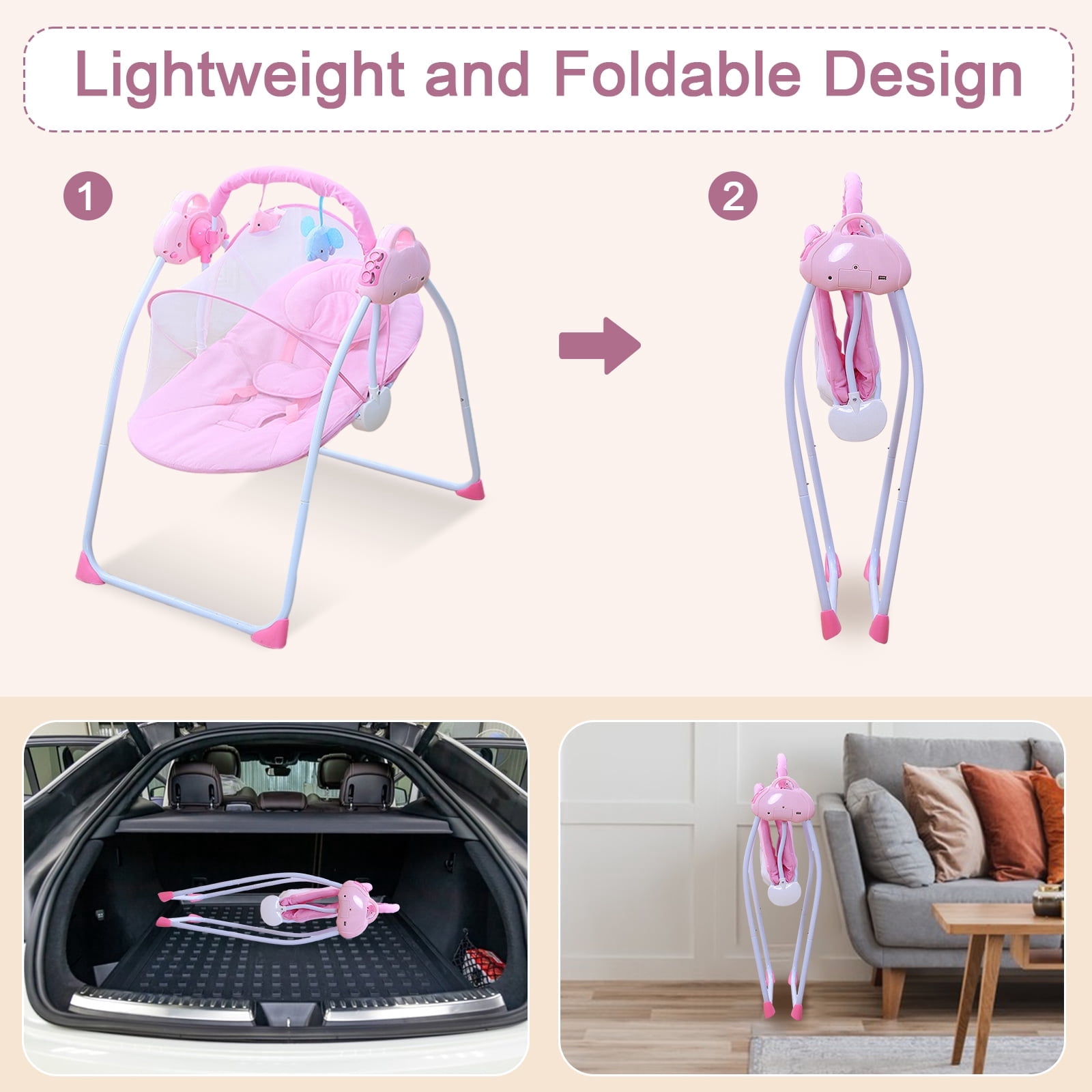 Jonster Electric Baby Swing with Bluetooth, Remote, Toys, 4-Speed Adjustable Infant Swing, Auto Rocking, for Newborns to Toddlers, Pink