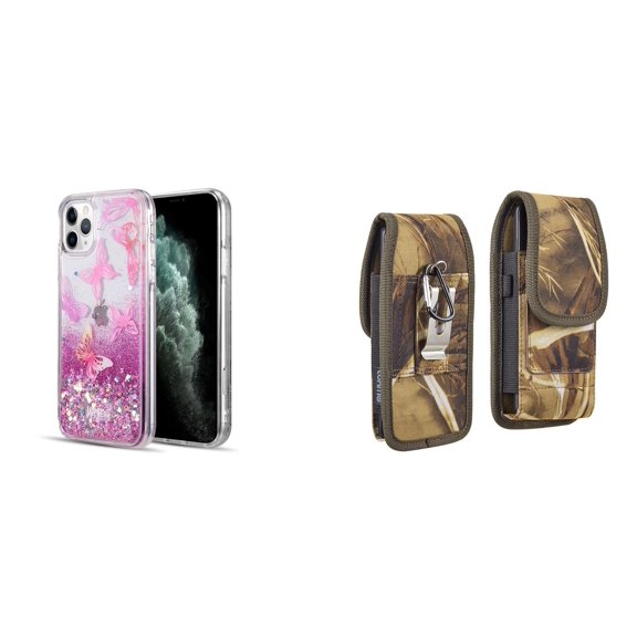 Liquid Glitter Case for iPhone 14 Pro Max and Belt Holster Pouch (Pink Butterfly/Camo)