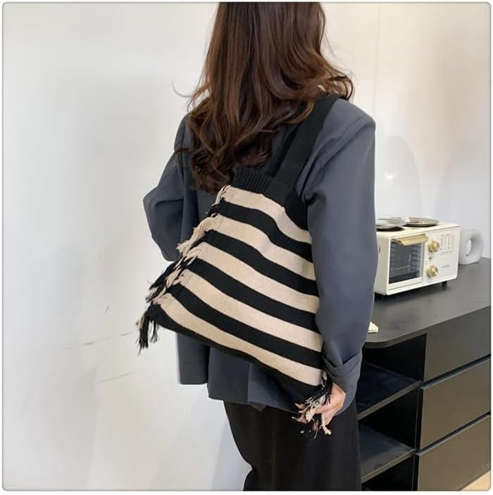 JennyShop Trendy Knitted Shoulder Handbag Striped Tote Bag with Tassel Decoration Color Blocked Crochet Underarm Bag