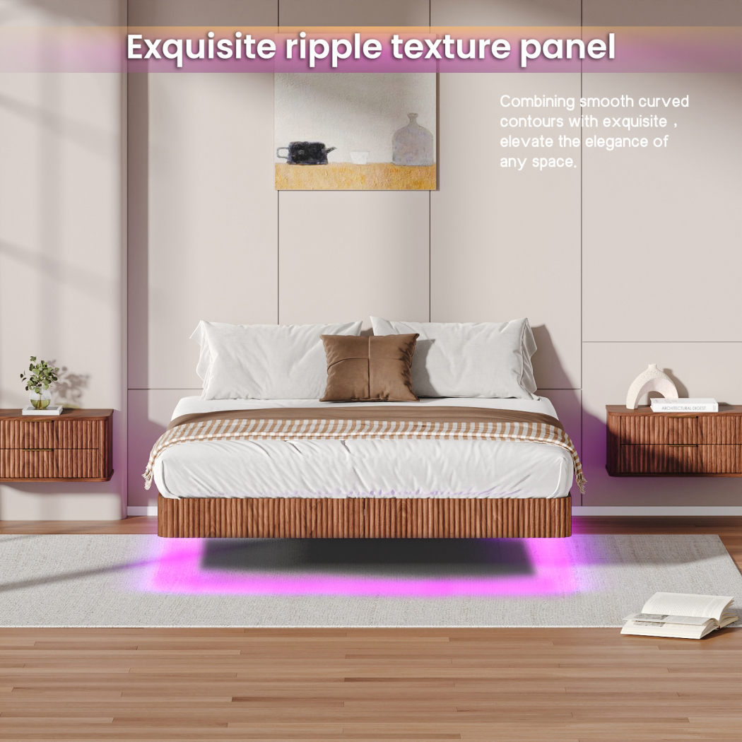 Queen Size Floating LED Bed Frame with Customizable Lighting & Under-Bed Storage, Sturdy Metal Platform, No Box Spring Required, Easy Assembly, Walnut Finish