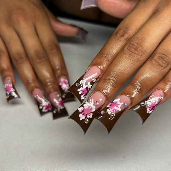 Duck Nails Press on,Full Cover Duck Nail Tips White Wide French Soft Gel False Nails with Flower & Rhinestones Designs