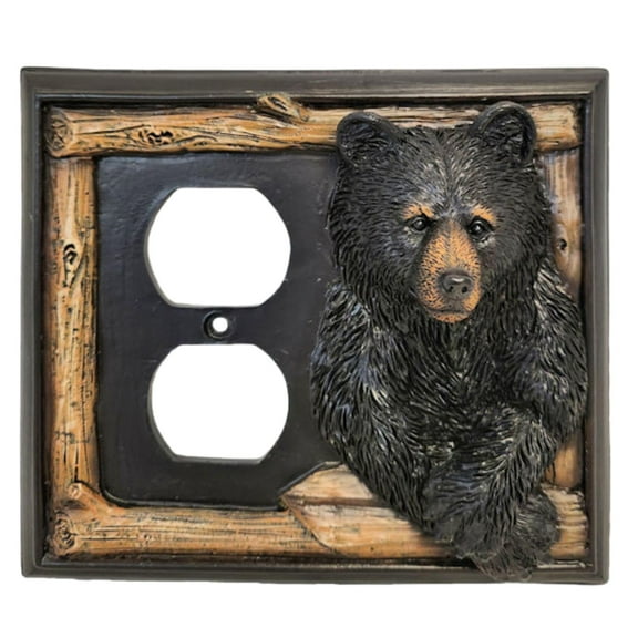 Double Outlet Decorative Light Switch Cover Plate with Black Bear and Tree Branch Accents - Rustic Electrical Cover Plate for Lodge Cabin House Style Ideal for Wildlife and Nature Lovers