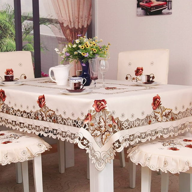 Mantel de encaje bordado con flores, color crema, corte de lujo, mesa Clo