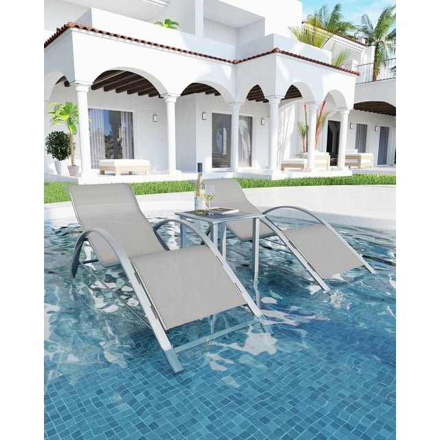 QinaQin Three-Piece Patio Lounge Chair Set, Outdoor Pool Lounge Chairs with Backrests - All-Weather Rattan Sun Loungers, with Side Table and Cup Holder, for Poolside, Beach, Patio, and Balcony