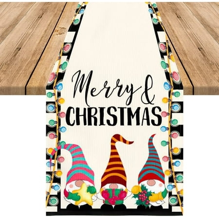 

Newhomestyle Christmas Table Runner Gnomes Gift Merry and Bright Rustic Christmas Table Runner for Christmas Holiday Birthday Party Table Home Decoration 13 x 72 Inch