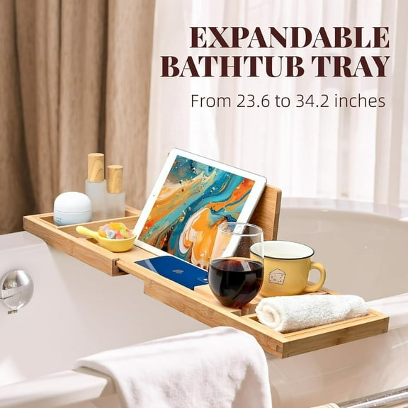 Bamboo Bathtub Tray, Expandable Bath Tray for Tub, Fits Most Bathtub, with Wine and Book Holder and Suport Ipad, Phone Suport, with Non-Slip Silicon Grip, Luxury Spa