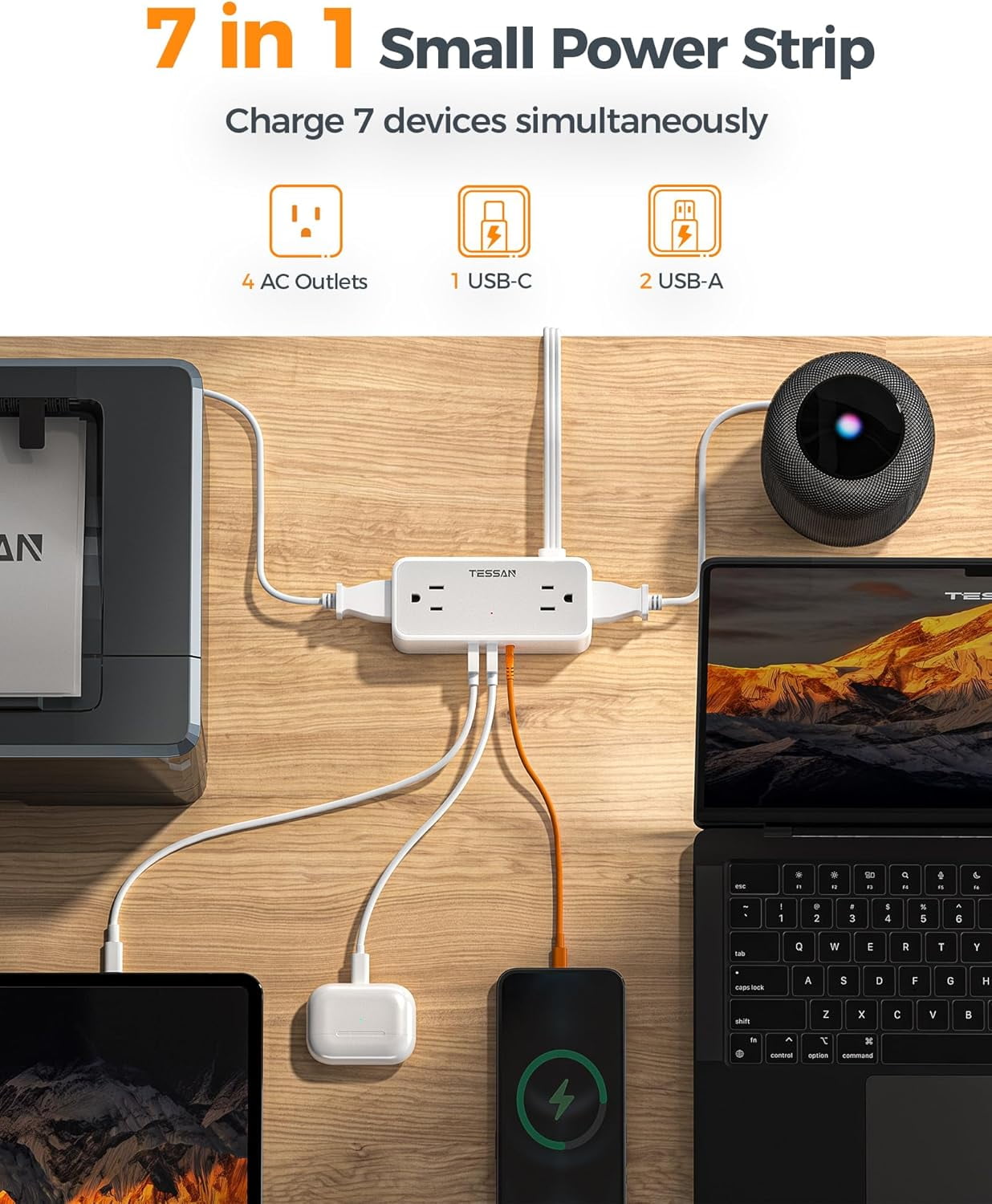 Flat Plug Extension Cord 25 ft, Surge Protector Power Strip with 4 AC Outlets 1 USB C and 2 USB A Ports, 900 Joules Protection, Multiple Wall Outlet Extender for Home Office Dorm Essentials