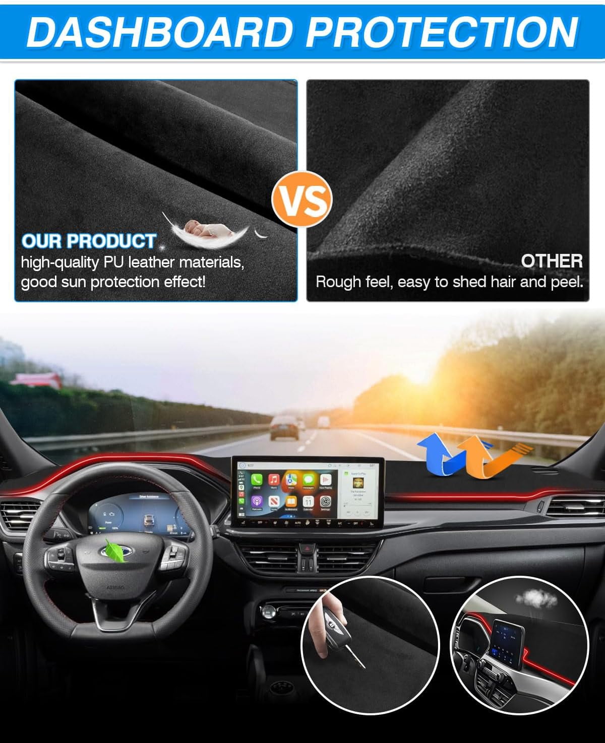 Canvcle Dashboard Cover Custom Fit for Ford Escape 2020-2025 (Without HUD) Accessories Dash Cover Mat Pad Non-Slip Pad Carpet Anti-Glare