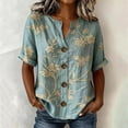 thumbnail image 2 of Oversized Tshirts for Women 3/4 Sleeve Top Print Blouse V Neck Button Down Short Sleeve Casual Loose Fit Green Summer Tops for Women, 2 of 6