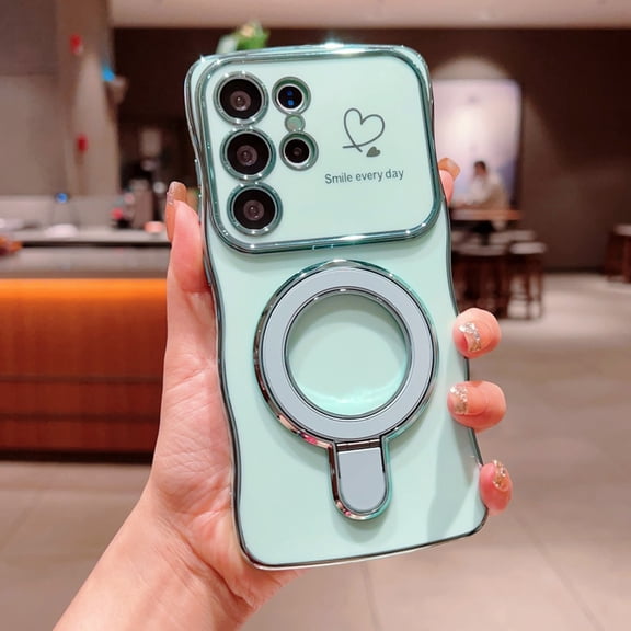 Aesthetic Cute Heart Case for Samsung Galaxy S25 Plus, Kawaii Magnetic Ring Holder Stand, Trendy Plated Slim Phone Case, Shockproof Anti-Scratch Protective Cover for Girls Women, Green