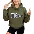 thumbnail image 2 of Tigers Pennant Flag Hoodie for Women Men & Teens Distressed School Spirit Game Day Sweatshirt Army Green Hoodie Small, 2 of 8