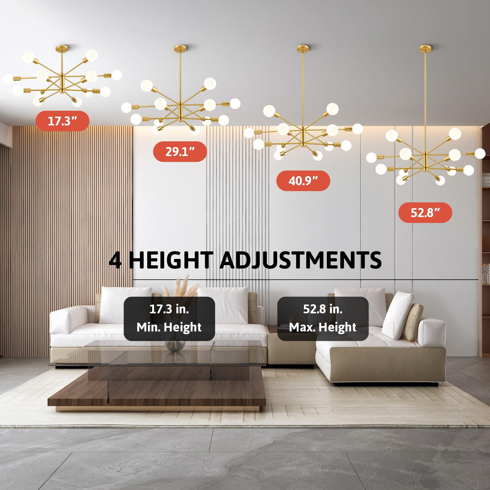 Bestco 12-Light Modern Sputnik Chandelier for Dining Room with 4 Extension Rods Gold