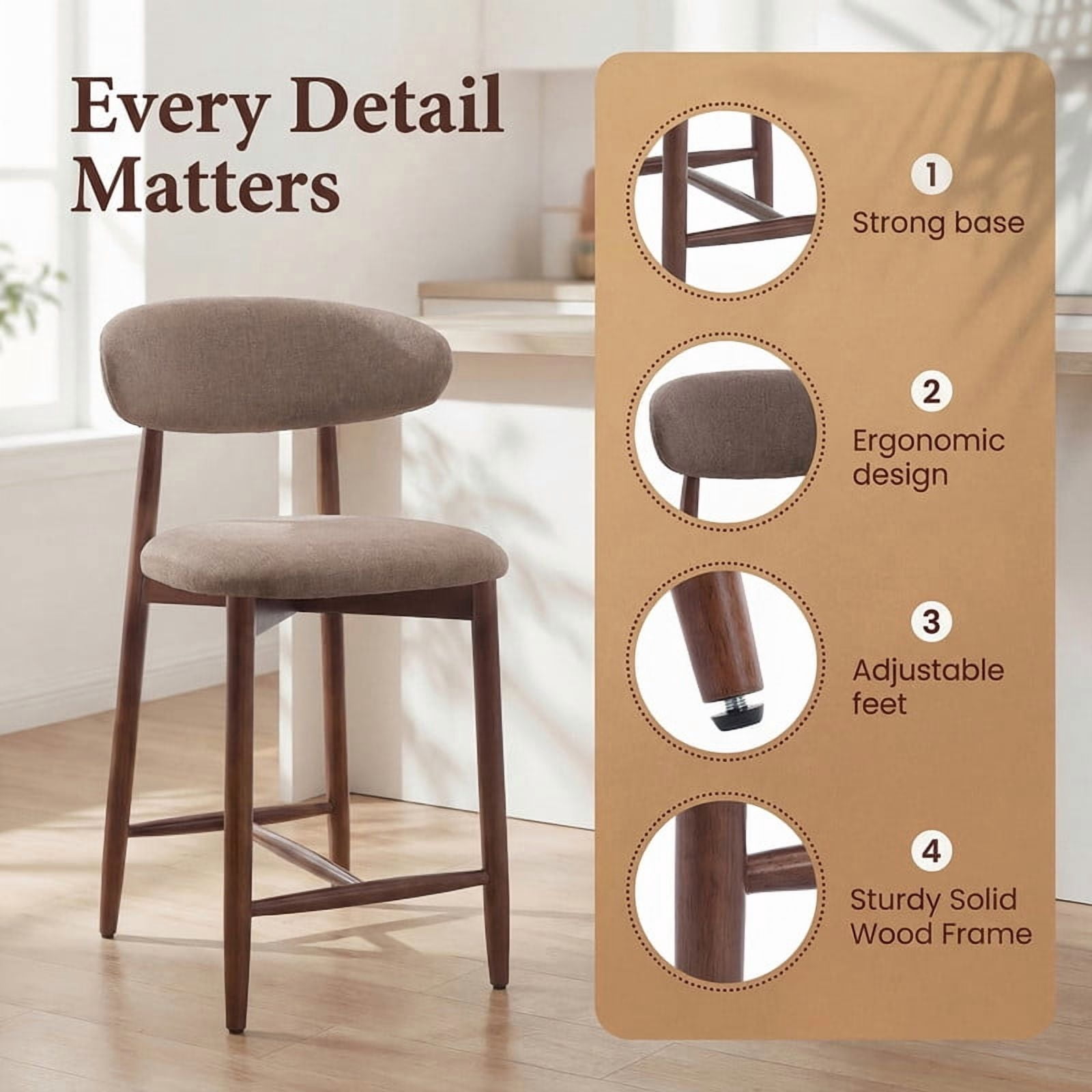 COLAMY Upholstered Counter Height Bar Stools Set of 2, Kitchen Island Stools with Back, Suitable for 34"-41" Table, Modern Counter Chairs with Wood Legs for Dining Room, Camel