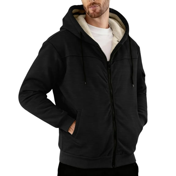 Zimjoy Mens Fleece Hooded Jacket Winter Zip Up Hoodies Jackets for Men Thermal Sherpa Jacket Casual Heavyweight Hooded Sweatshirts, Black L
