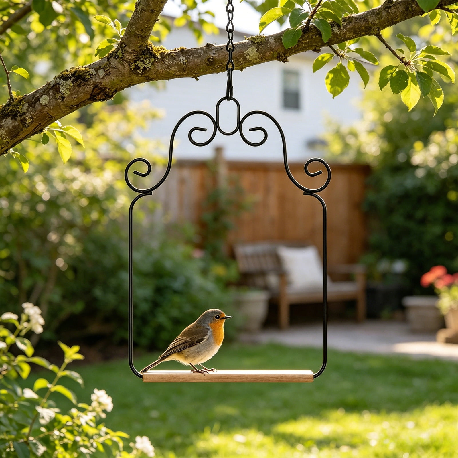 Hummingbird Swings and Perches Metal Frame, Wild Bird Swing Outdoor Bird Perch with Wooden Dowel and Hanging Chain for Hanging Indoor, Outdoor, Trunk, Lawn, Patio, Garden