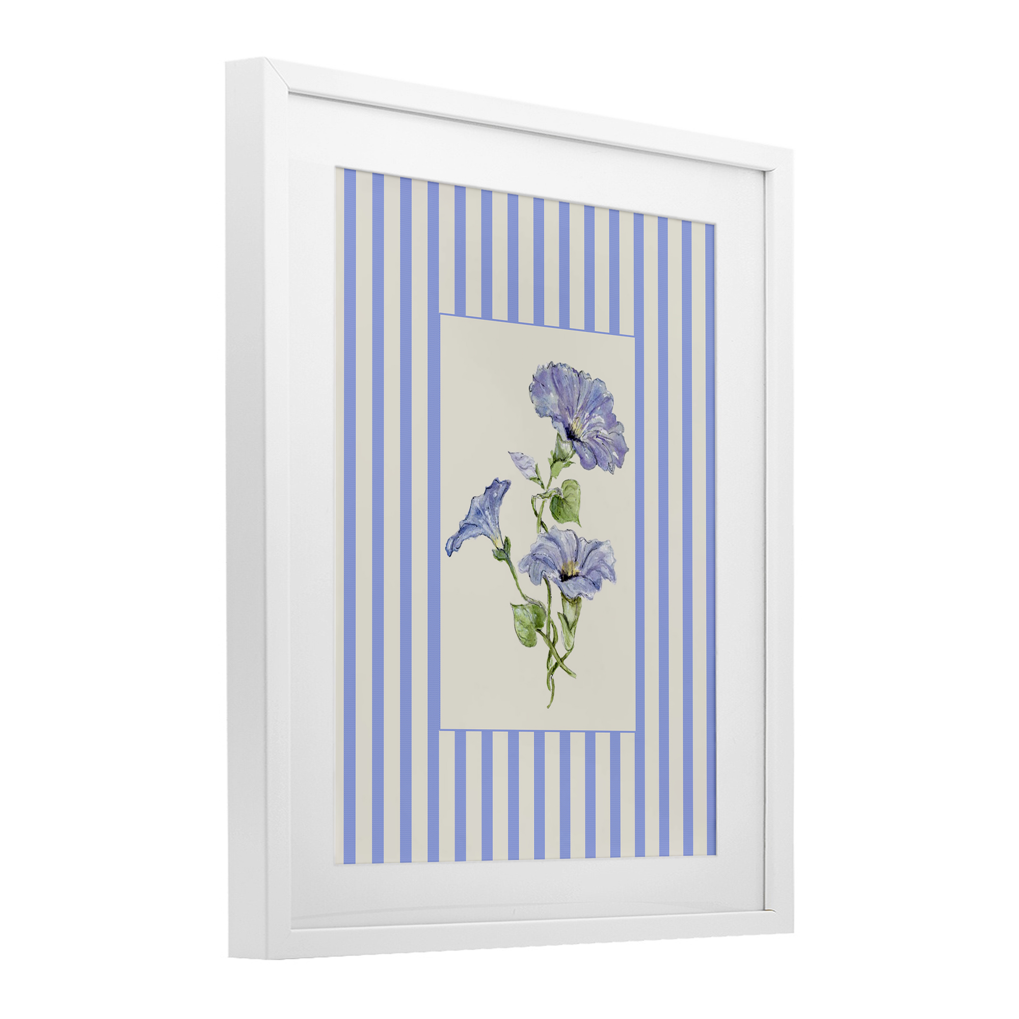 Blue Stripe Morning Glory White Framed Print Under Glass, design by Lisa Wehmeyer