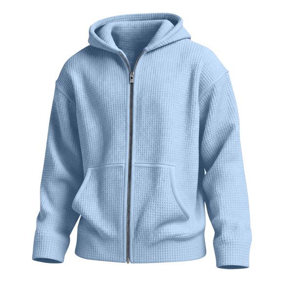 Dwelliawo Waffle Knit Hoodies for Men Full Zip Hooded Cardigan with Pocket Lightweight Loose Fit Athletic Jackets Sky Blue L