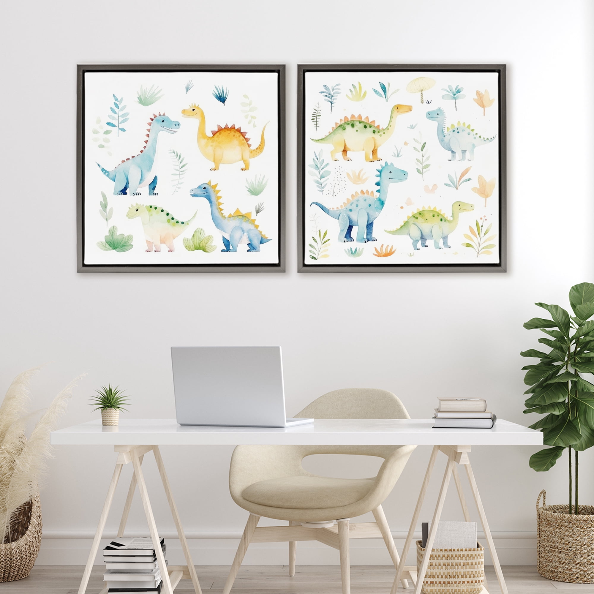 Stupell Industries Playful Dinosaur Wonders 2 Piece Gray Framed Floater Canvas Set, design by Lazar Studio