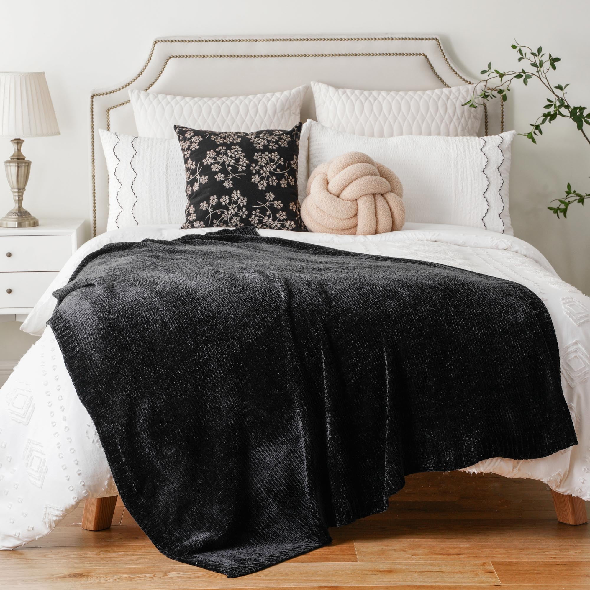 Battilo Black Chenille Throws for Couch,Soft Lightweigt Knitted Blanket for Living Room,51"x67"