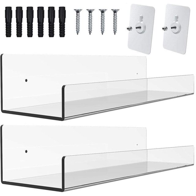 Juego de 2 estantes flotantes invisibles de acrílico para niños de 15 pulgadas para habitación de niños, estante de pared moderno para guardar juguetes, transparente de Acrylic Cq
