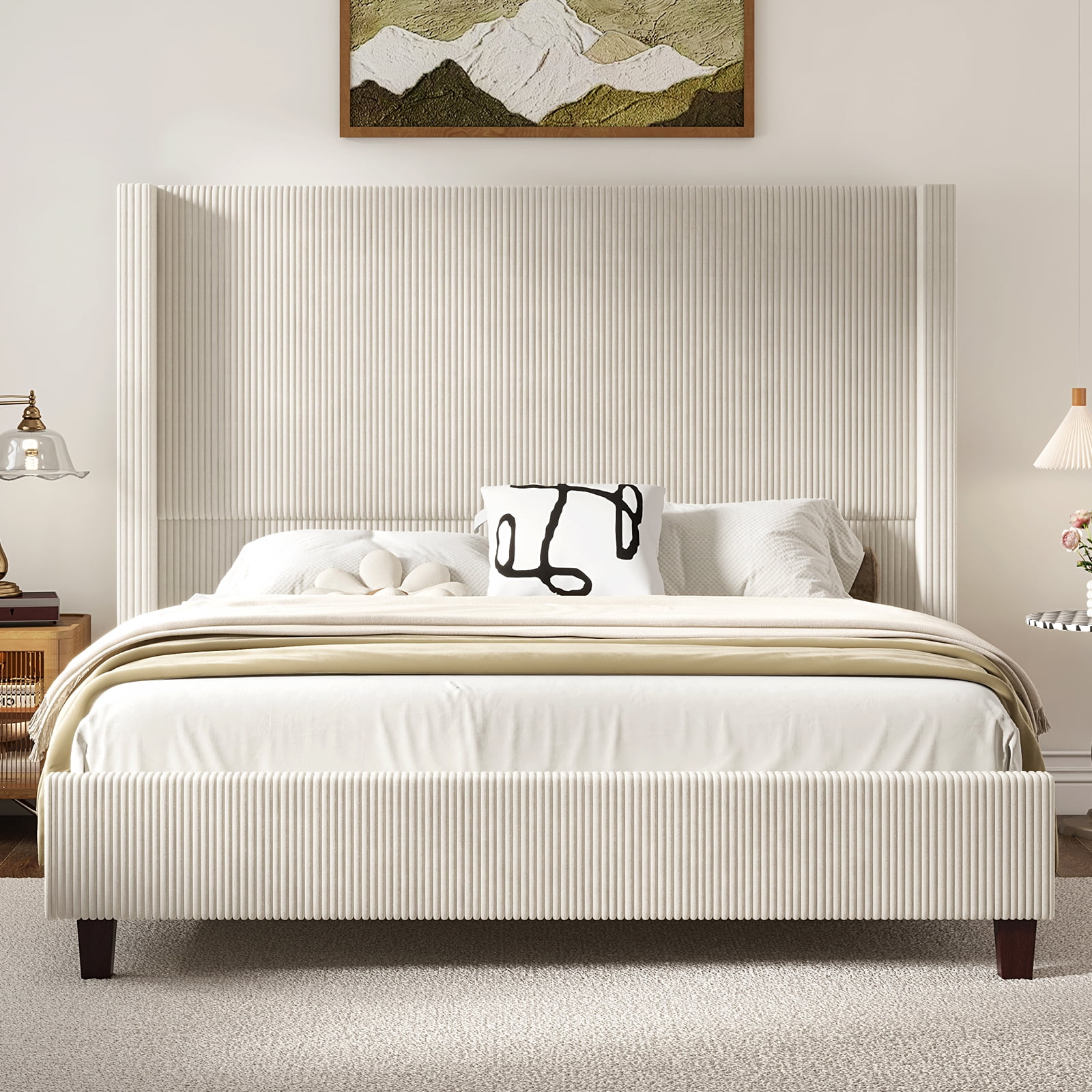 VanAcc Queen Size 61" Corduroy Upholstered Bed Frame with Vertical Stripe Wingback Headboard/Cream