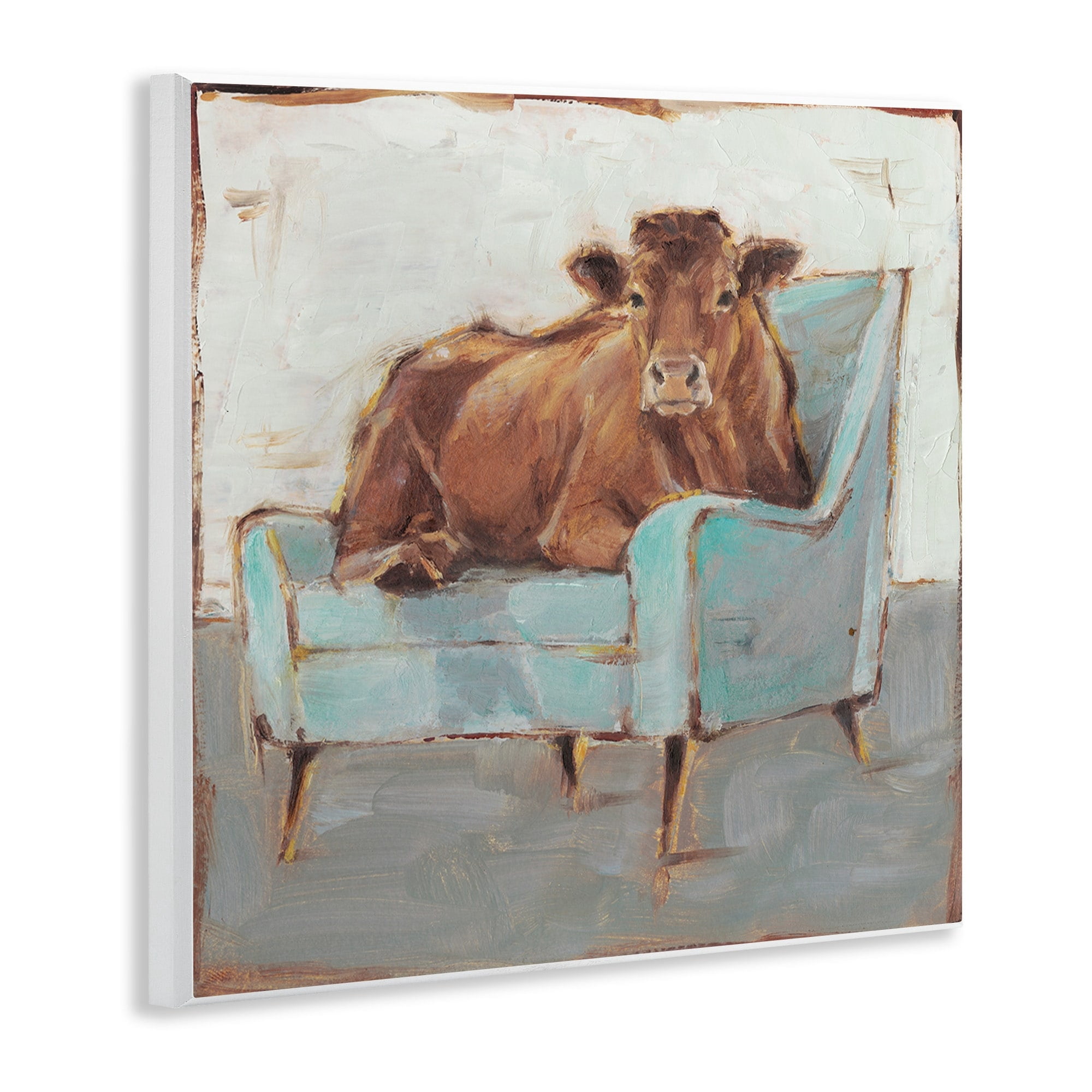 The Stupell Home Decor Brown Bull on a Blue Couch Neutral Color Painting Wall Plaque Art
