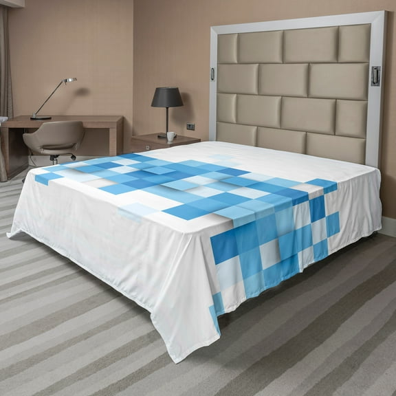 Ambesonne Abstract Flat Sheet, 3D Mosaic Geometric, Full Size, Pale Blue Blue White