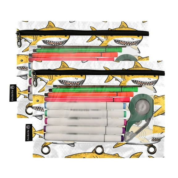 Ckdifva Sharks Yellow Pencil Pouch 3 Ring Zipper Pencil Case Binder Pockets Clear Top Cosmetic Bag 2 Pack