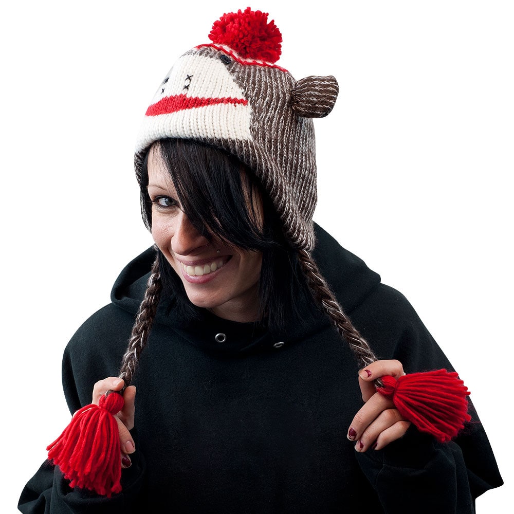 Adult Size Brown Sock Monkey Knit Hat with PolyFleece Lining  display picture 2