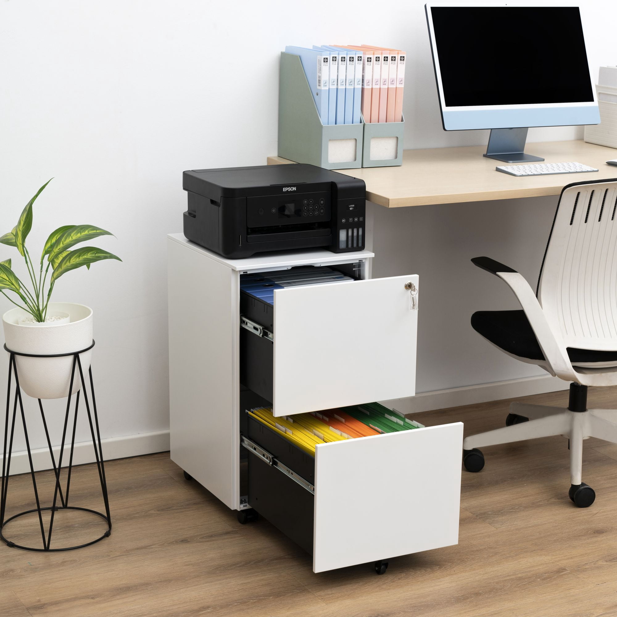 DEALTOPS Modern File Cabinet with 1 Lock and 2 Drawers for Legal/Letter A4 Size, Rolling Steel Storage Cabinet for Home and Office - White