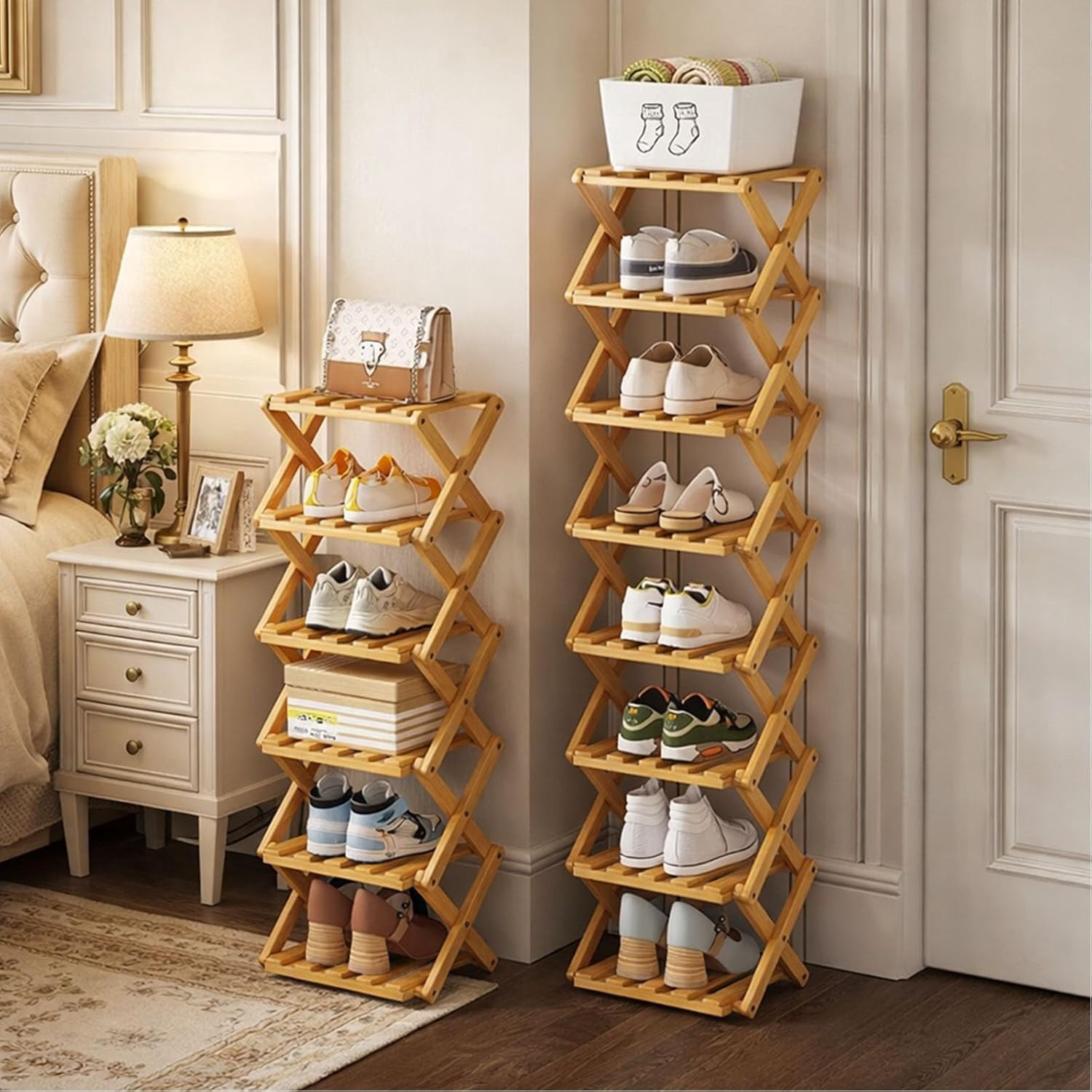 The 9-Tier No-Assembly Bamboo Rack, 2026 Upgraded Foldable 9 Tier Bamboo Corner Shoe Rack, Space-Saving Organizer for Shoes, No Assembly Narrow Shoe Shelf for Entryway Closet Dorm